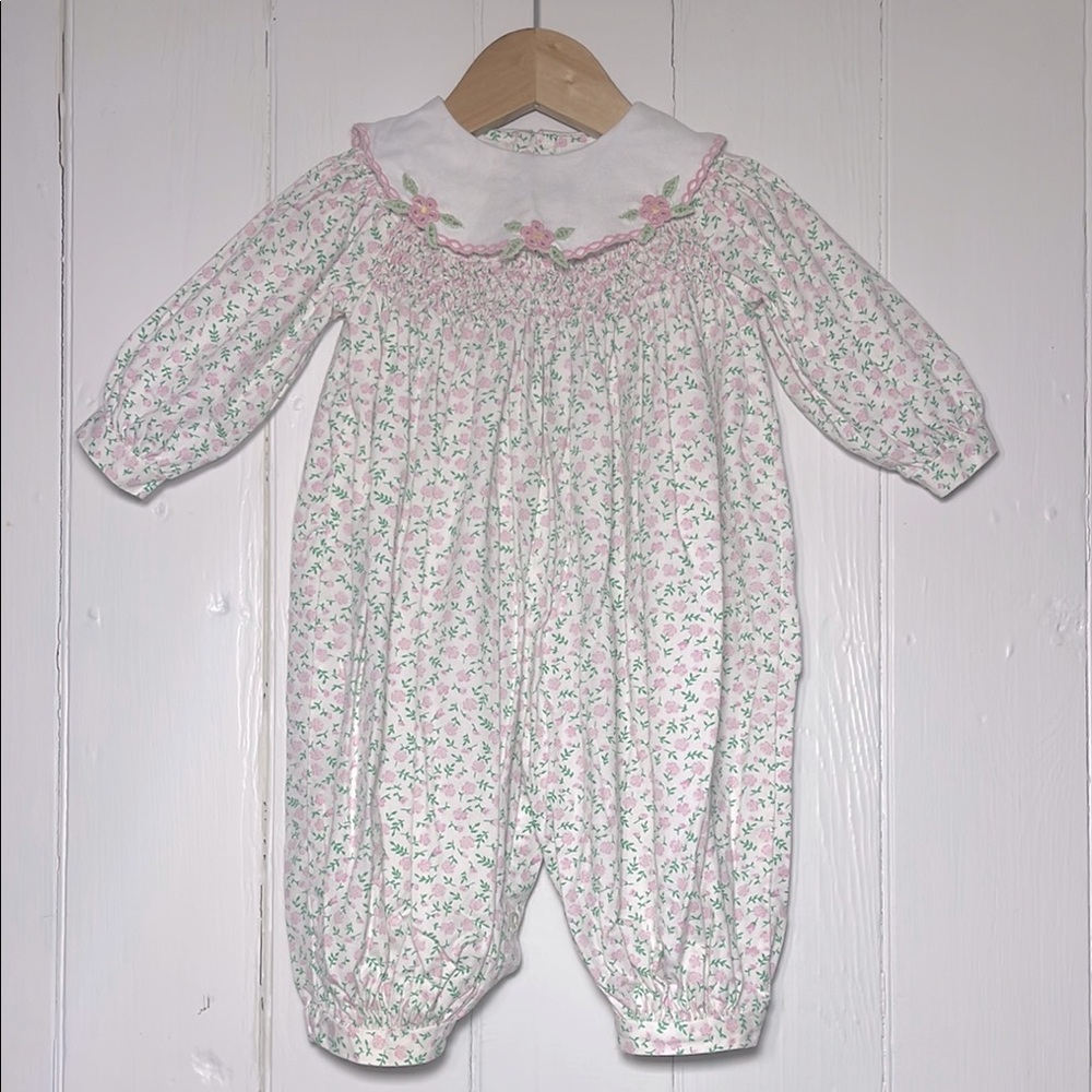 CARRIAGE BOUTIQUE EUC Smocked Embroidered Collar Floral Print Jumpsuit
